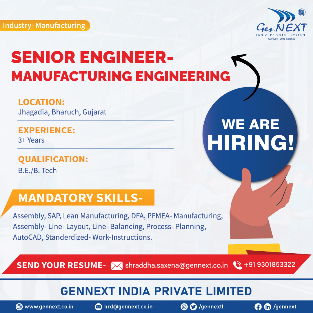 #UrgentHiring 💼📢🎯

Position: Senior Engineer- Manufacturing Engineering 
Location: Jhagadia, Bharuch, Gujarat

#SeniorEngineer #Manufacturing #Engineer #Engineering #Gujrat #Bharuch #Jhagadia #hiringnow #jobsearching #gennextjob #gennexthiring #GenNext #hiring2024