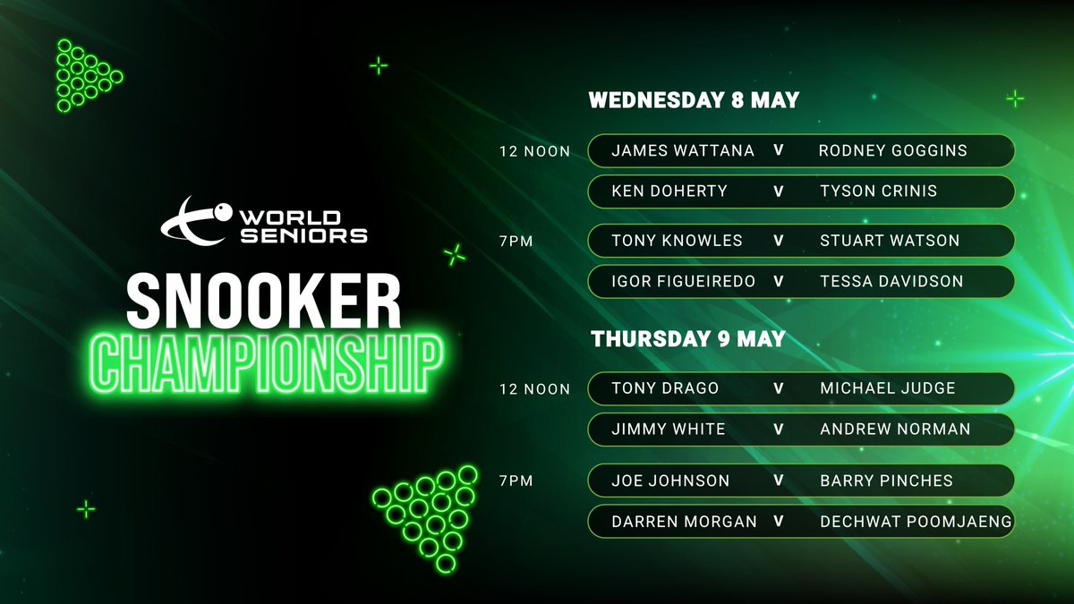 The line up for the Last 16 is set: @kendoherty1997 headlines Day 1 of the World Seniors Snooker Championships at the Crucible, live on Channel 5 at Midday on Wednesday. #Snooker