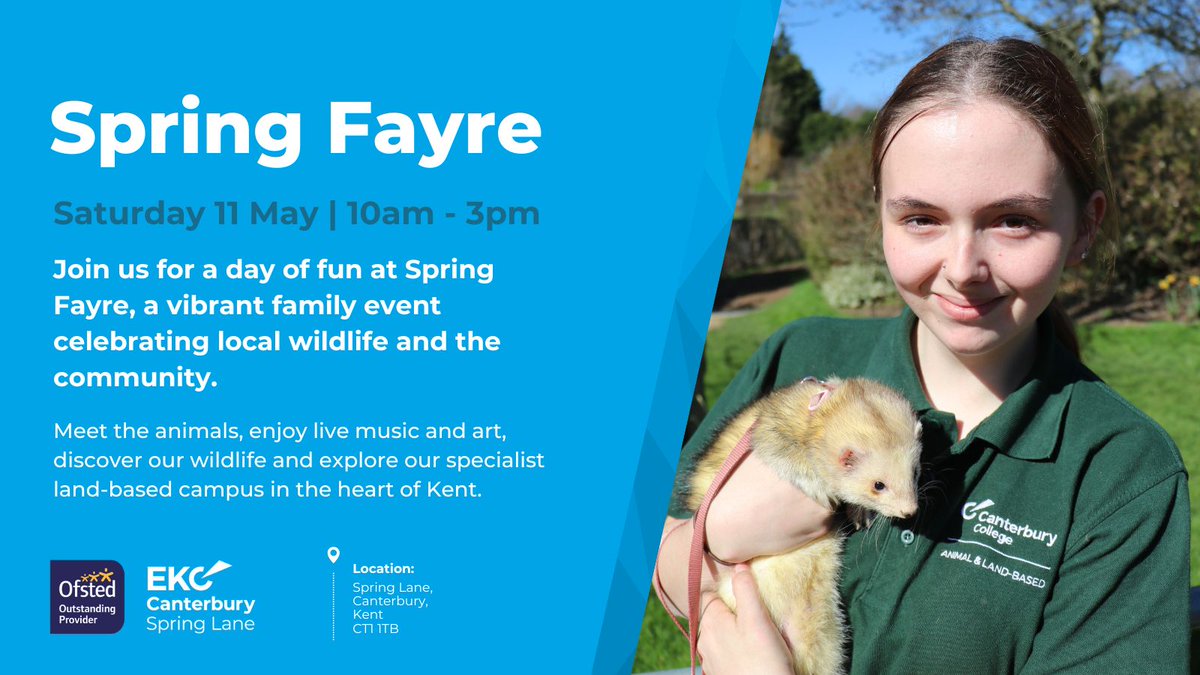 Meet our animals, explore our land-based campus and even pick up a new plant for your home at Spring Fayre 2024. 🌳 Join us throughout the day and help celebrate our local wildlife and the community. 🐑 📆 Saturday 11 May ⏲ 10am - 3pm Learn more: canterburycollege.ac.uk/information/wh…