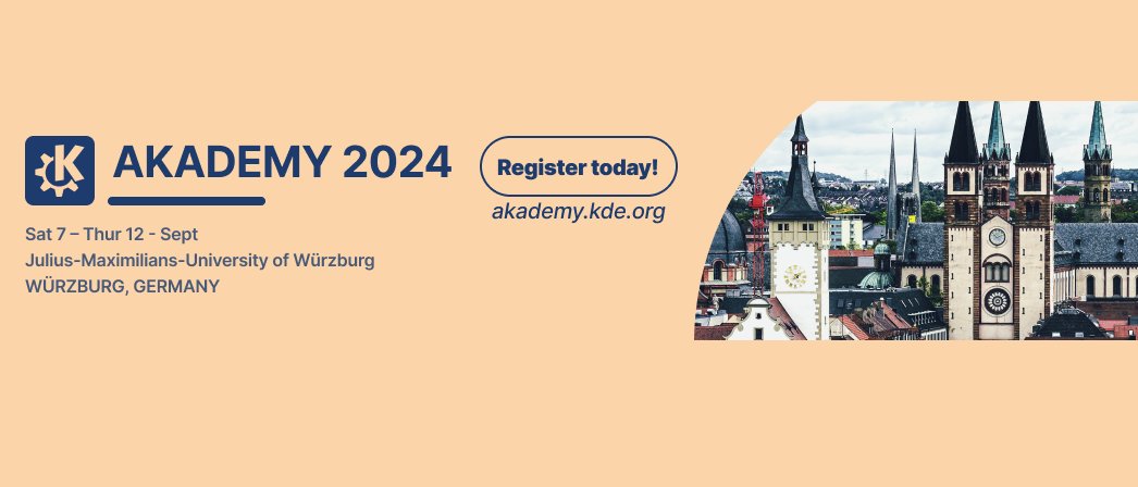 Register now for @akademy 2024 @Uni_WUE, the annual world summit for #KDE Community members, developers, translators, designers, and friends: akademy.kde.org/2024/