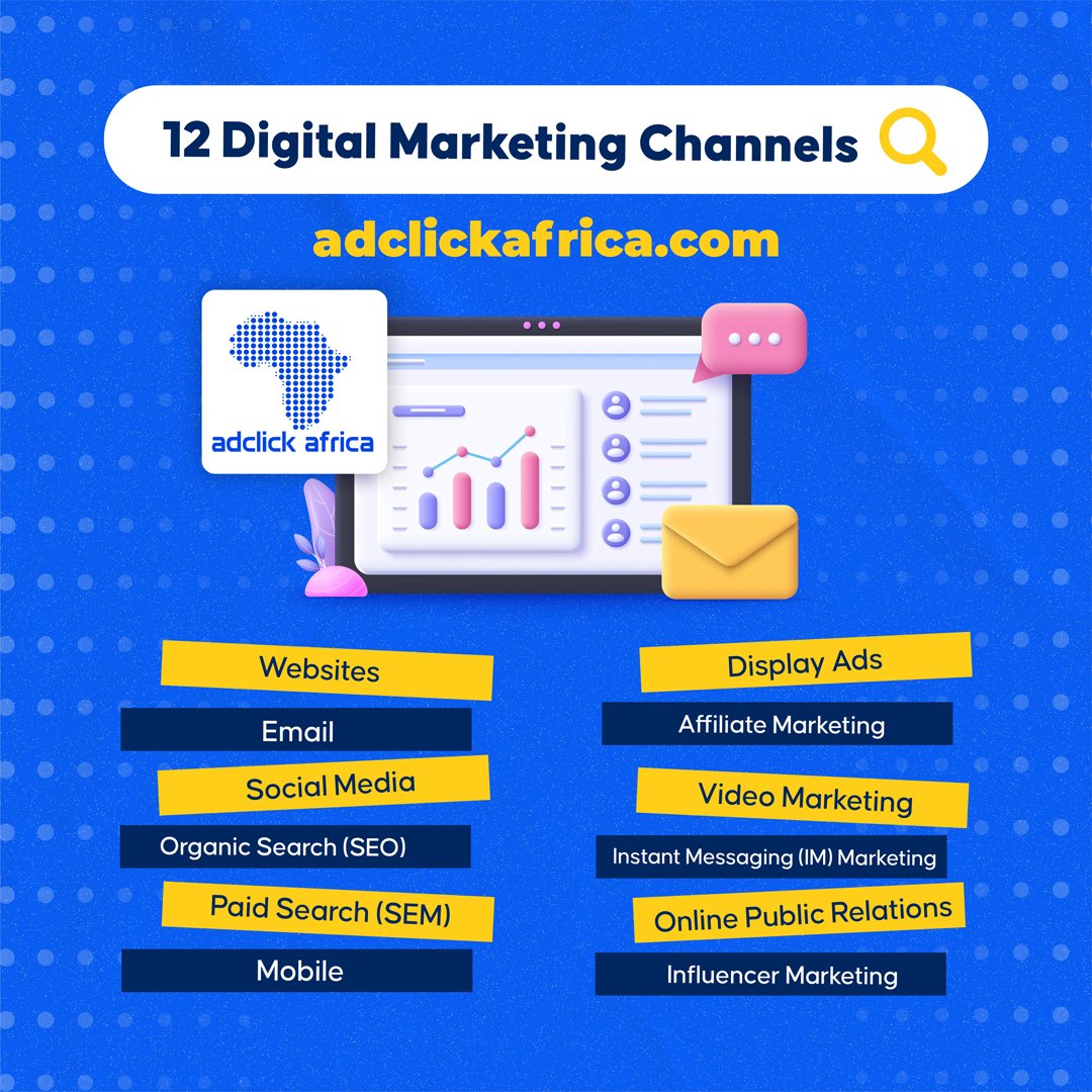 Choose the digital marketing channels that are proven to work in 2024! 🚀 From SEO to social media, we have the strategies your business needs.👍 👉 adclickafrica.com 👈 #DigitalMarketing #SocialMediaMarketing #VideoMarketing #EmailMarketing #SearchEngineMarketing