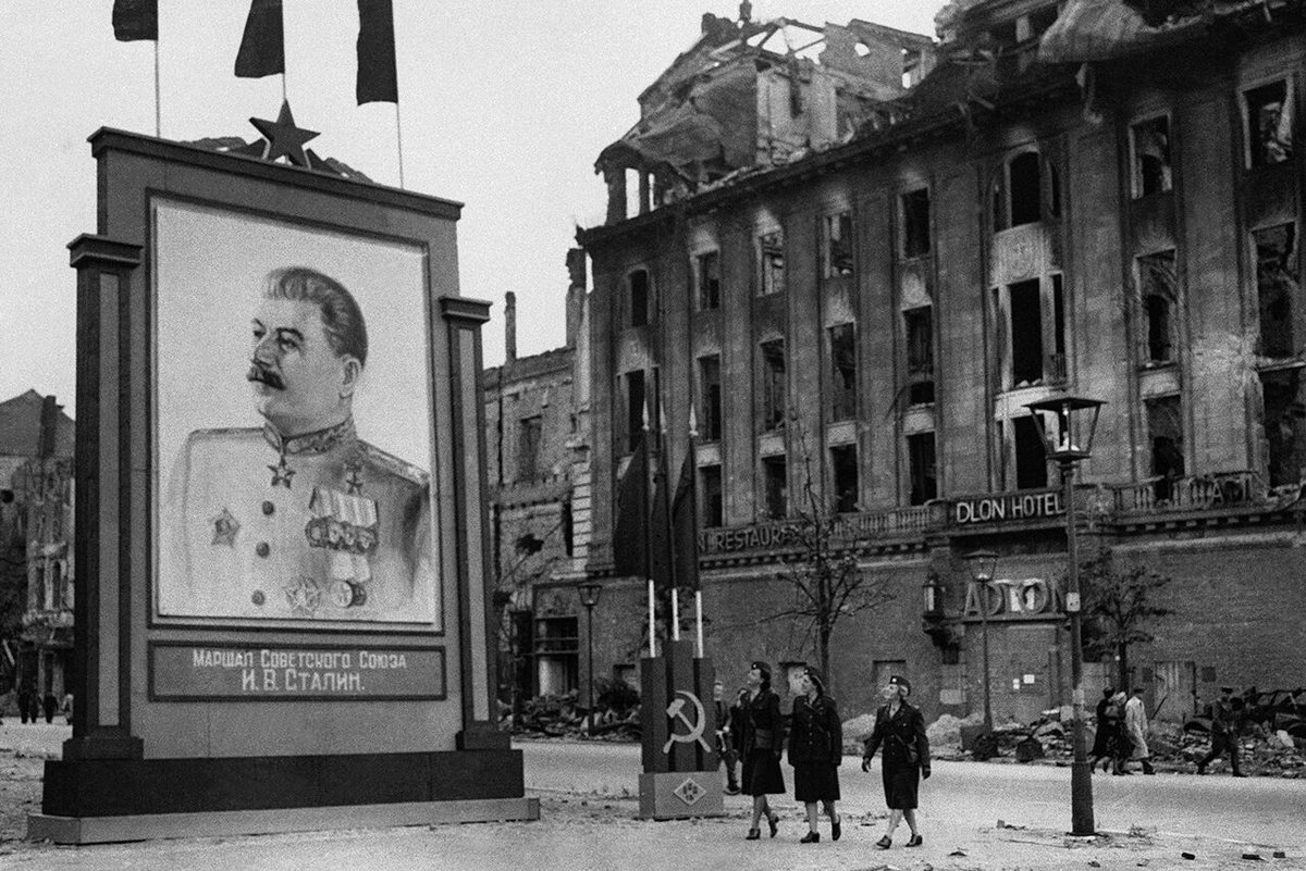 A portrait of Soviet leader Joseph Stalin in central Berlin in the summer of 1945