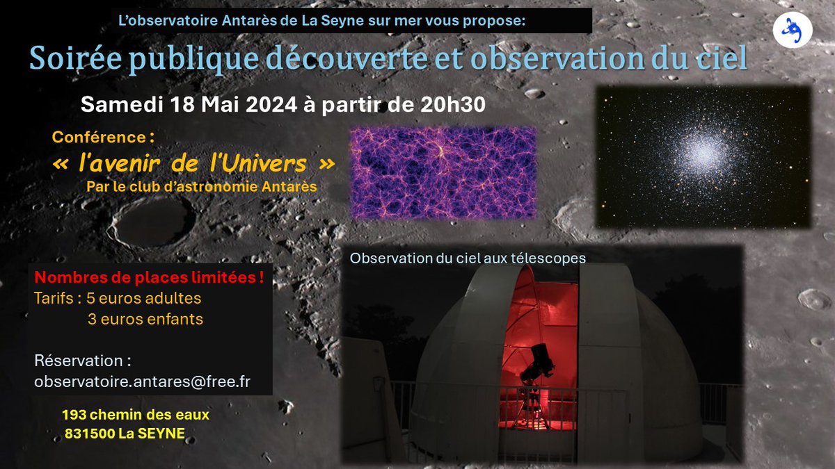ObservatoireA's tweet photo. Notre prochaine soirée astronomie aura lieu le samedi 18 Mai à 20h30 à l'observatoire Antarès https://t.co/SL0GR7dOe7