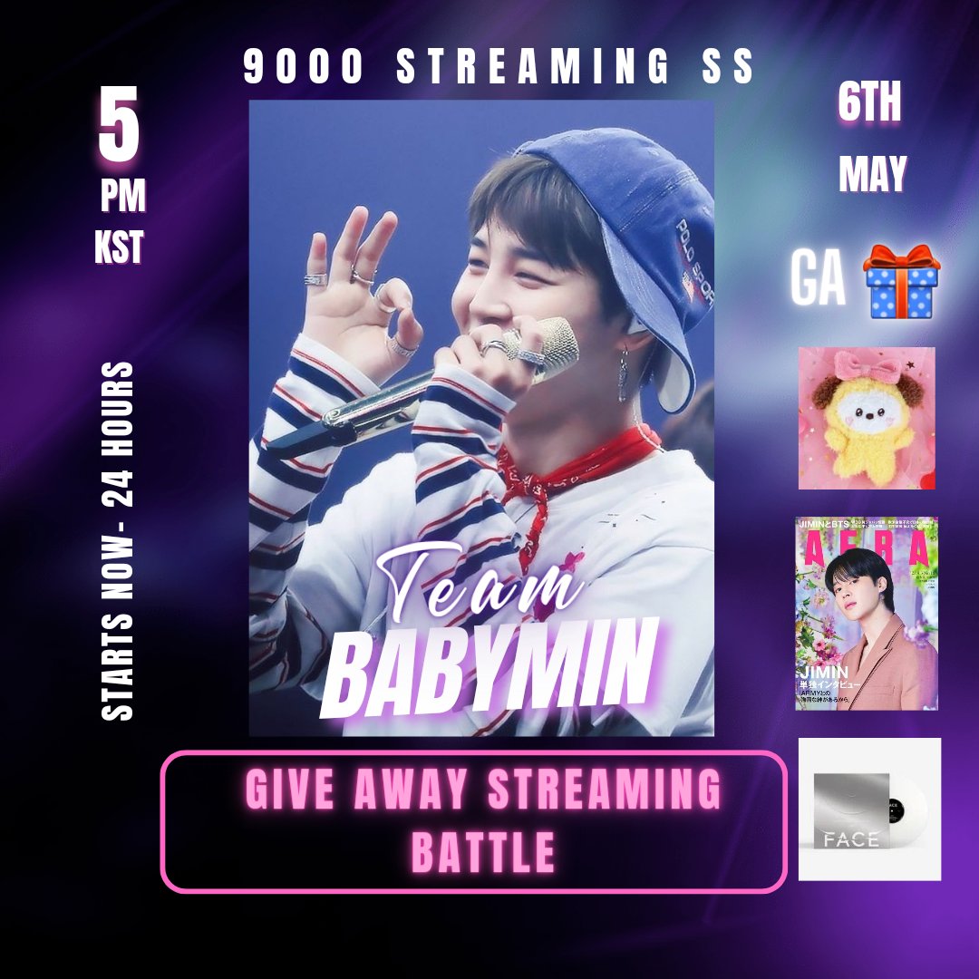 STREAMING BATTLE 🤼‍♀️ TEAM BABYMIN THIS IS YOUR TWEET TO DROP YOUR STREAMING SS 👇🏻 ⏰: STARTS NOW- 24 HOURS 🎯: 9K STREAMING SS 🎁- 1)BOW CHIMMY + JM PHOTOBOOK+ PHOTOCARDS + LYRICAL BOOK 2) FACE VINYL 3) AERA MAGAZINE TEAM BABYMIN #MyLoveMyBaby