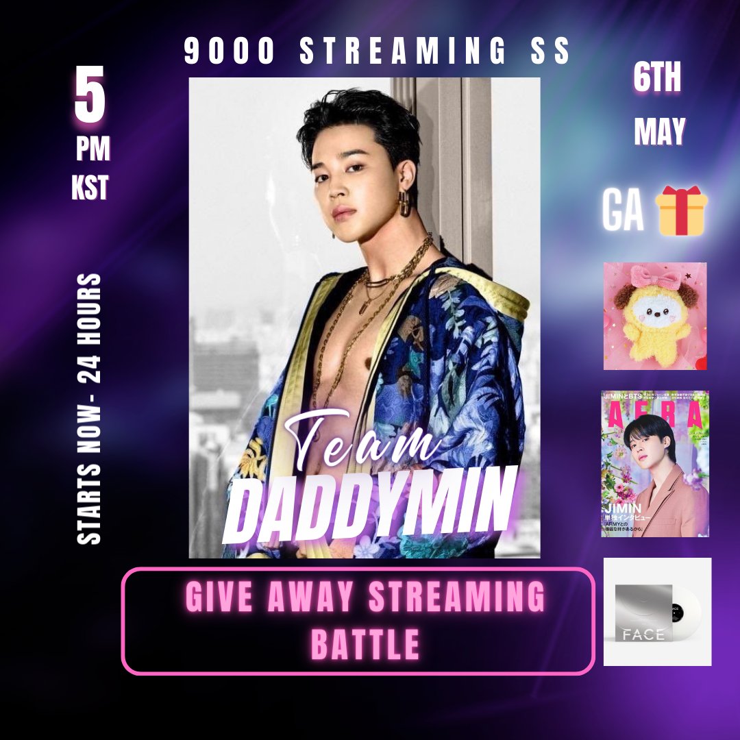 STREAMING BATTLE 🤼‍♀️ TEAM DADDYMIN THIS IS YOUR TWEET TO DROP YOUR STREAMING SS 👇🏻 ⏰: STARTS NOW- 24 HOURS 🎯: 9K STREAMING SS 🎁- 1)BOW CHIMMY + JM PHOTOBOOK+ PHOTOCARDS + LYRICAL BOOK 2) FACE VINYL 3) AERA MAGAZINE TEAM DADDYMIN #BabyAreYouGonnaPleaseMe