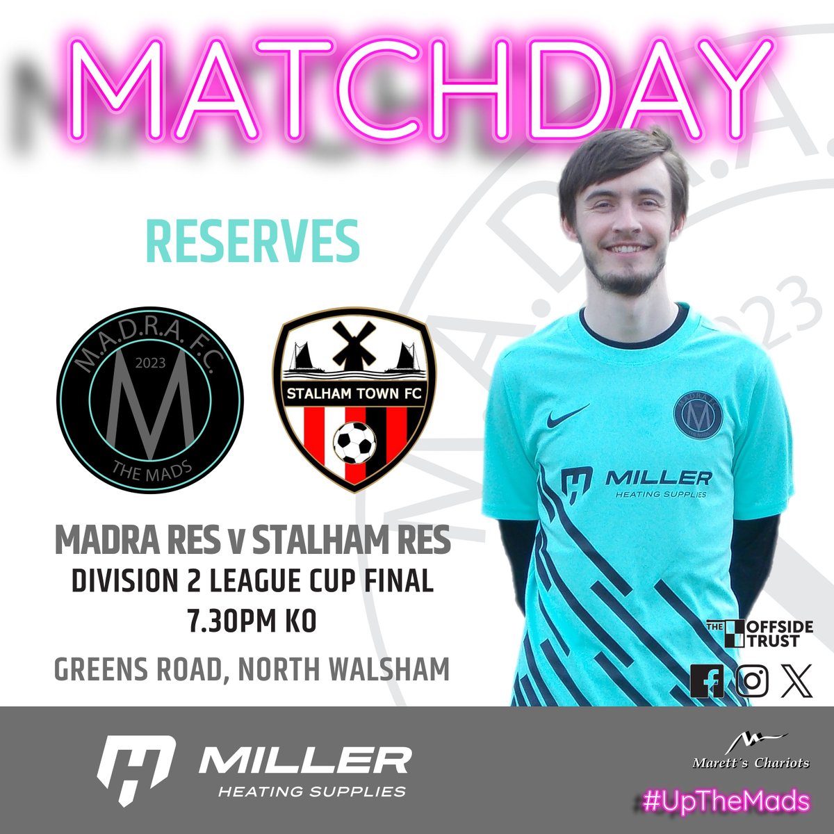 MATCHDAY!
And it all ends in a cup final!
The reserves face @StalhamTown Res in the Division 2 League Cup final at Greens Road.
Come and support the lads in their final game of the season
#UpTheMads #WelcomeToTheMadhouse #Madness #TheMads #MadraFC #NorfolkFootball #OneStepBeyond