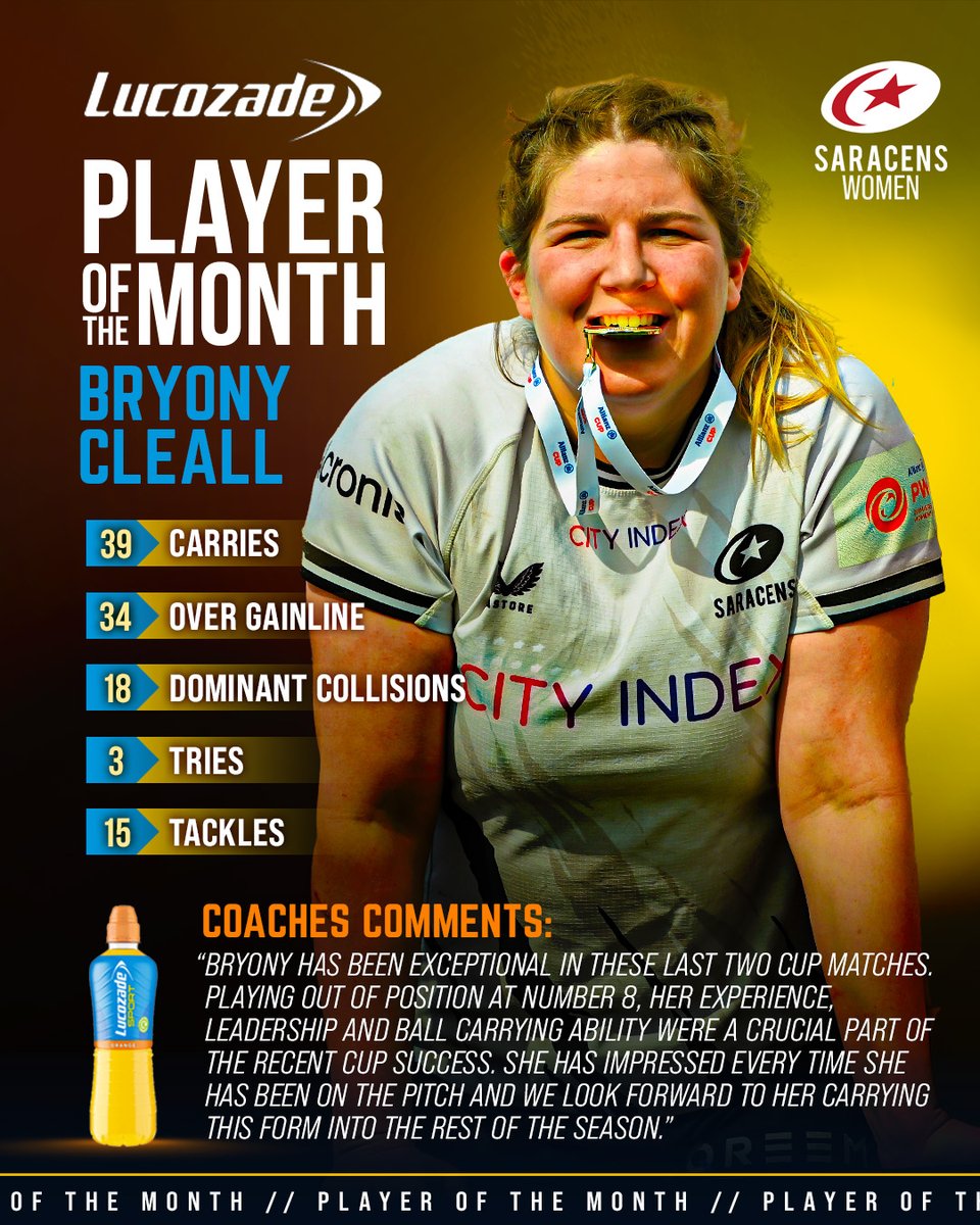 How good has @BryonyCleall been since coming back to Sarries!? 💥 Our Allianz Cup champion is your @LucozadeSport Player of the Month! #YourSaracens💫