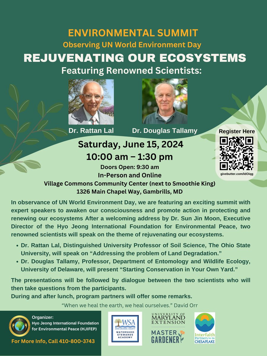 Join us for an Environmental Summit with the theme “Rejuvenating Our Ecosystems.” Eminent US scientists will be featured to awaken our consciousness & promote action. A question-and-answer session will follow the presentations. Click here for registration: givebutter.com/W1WMDI