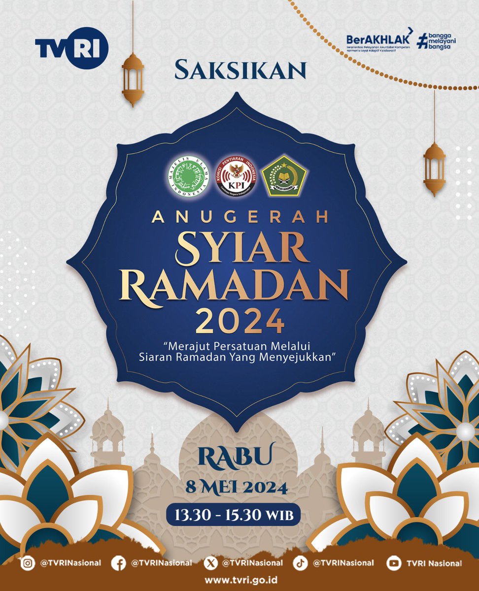 Jangan lewatkan momen puncak Anugerah Syiar Ramadan 2024! Rabu, 8 Mei 2024, dari pukul 13.30 hingga 15.30 WIB hanya di TVRI. #TVRI #TVRINasional #MediaPemersatuBangsa #AnugerahSyiarRamadan2024 #KPI #MUI