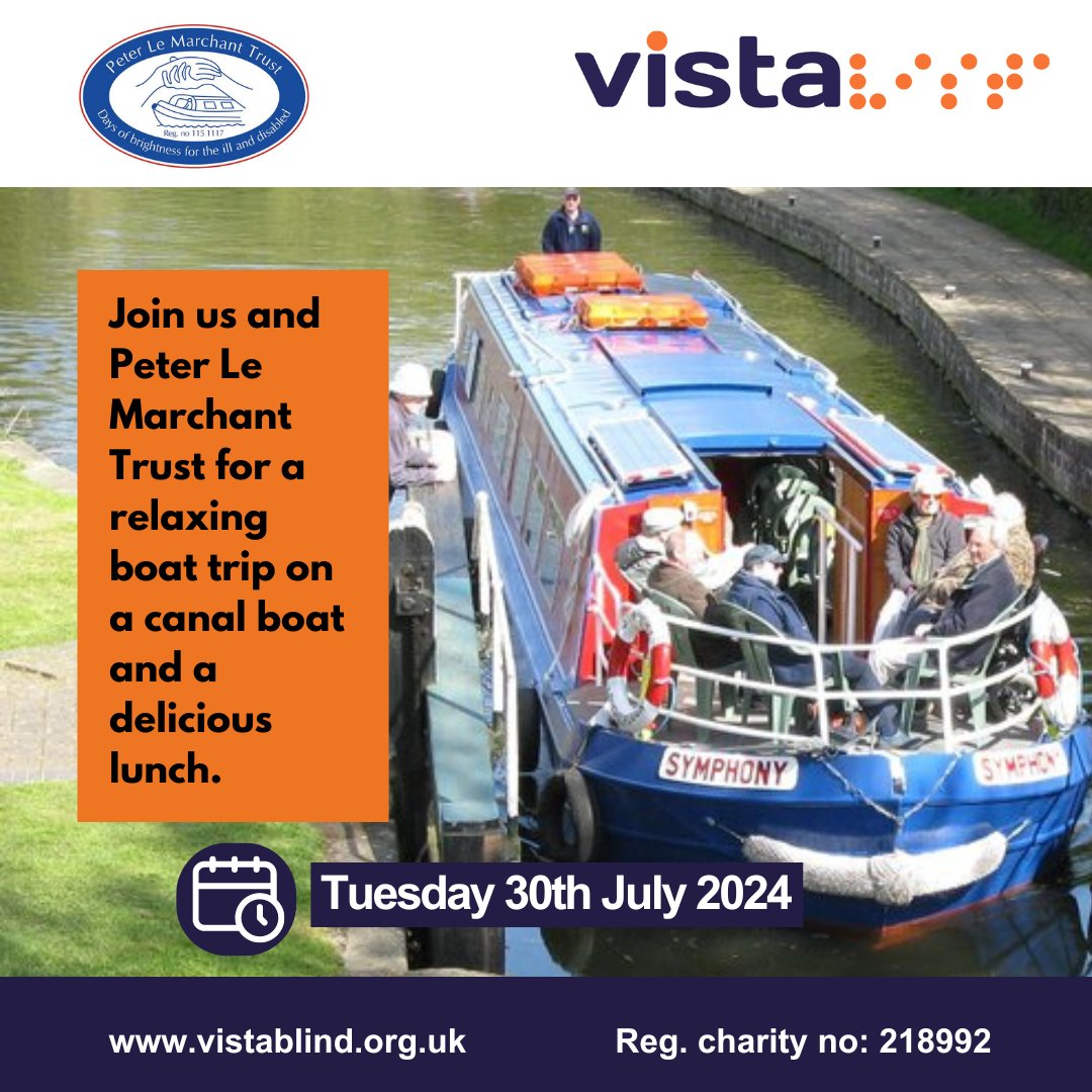 Join us at @PeterLeMarchantTrust for a relaxing boat trip with other people affected by sight loss, on a canal boat and a delicious lunch on Tuesday 30th July. Spaces are limited. Please book and find out more on our website. ow.ly/blP250RsfzN #SightLoss #Charity #Midlands