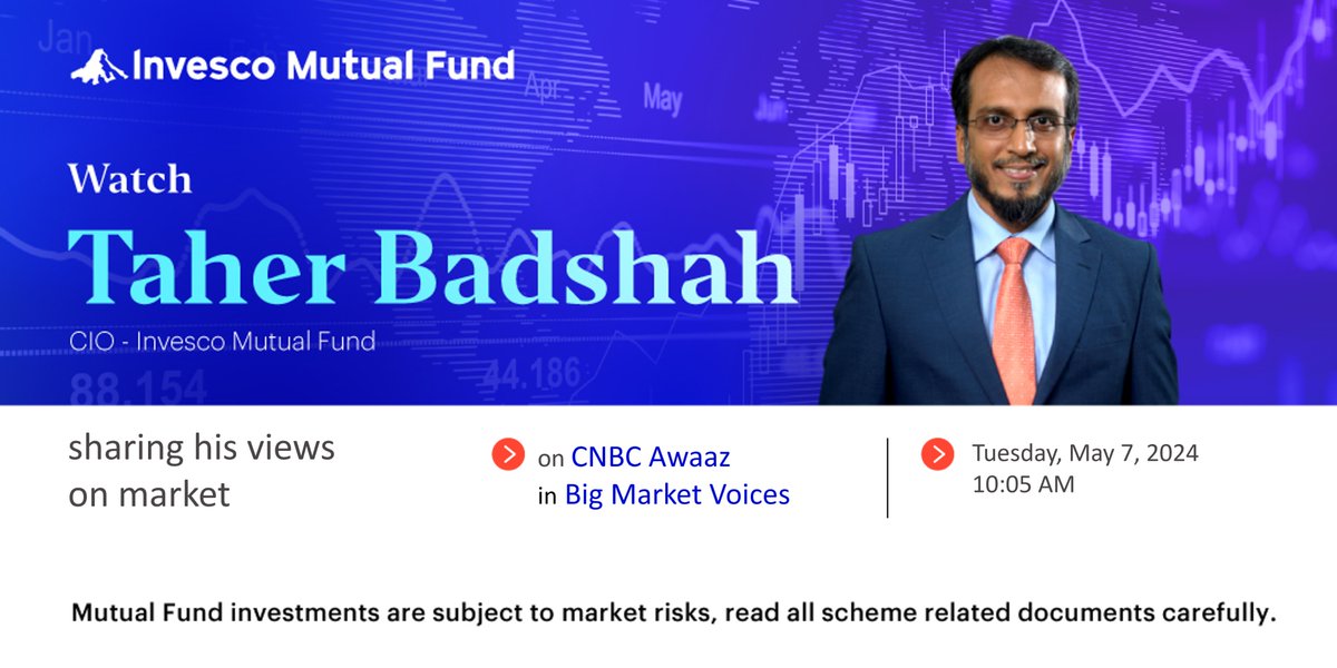 Catch our CIO, Taher Badshah live in conversation with @_anujsinghal & @virendraonNifty on @CNBC_Awaaz's Big Market Voices as they discuss market outlook & more.

🗓️ - 7 May, Tomorrow
⏰ - 10:05 AM

#CNBCAwaaz #BigMarketVoice #InvescoMutualFund #InvescoIndia