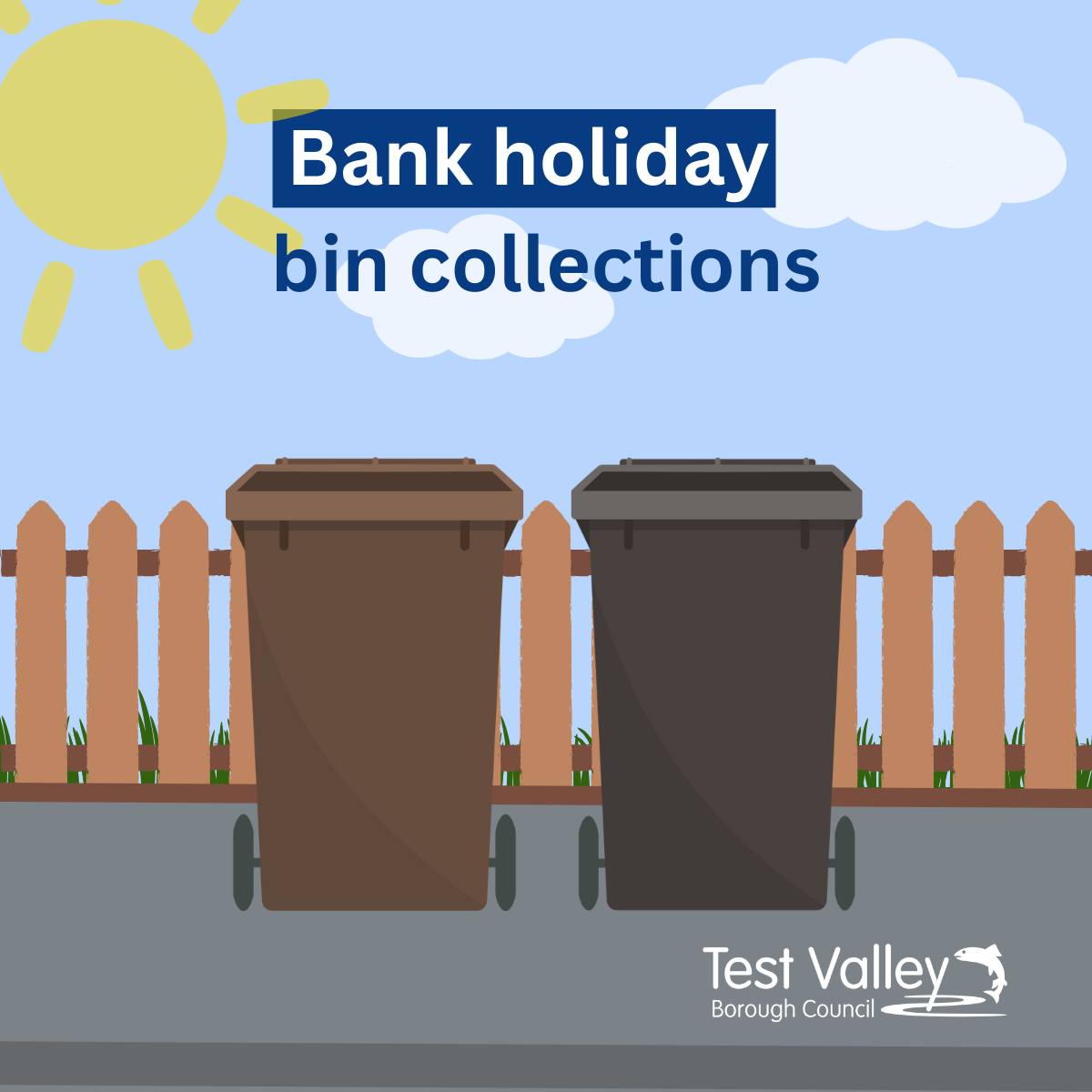 A reminder that your bins will be collected a day later than usual this week due to the bank holiday. You can check your updated schedule by visiting testvalley.gov.uk/bins.