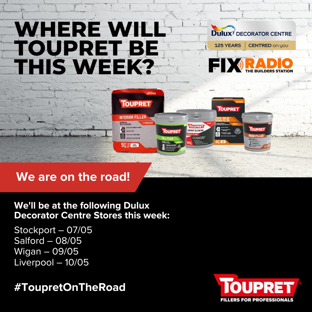 📻 Our roadshow with @FixRadioUK and @DuluxDecCentre kicks off THIS WEEK! 💥 Get expert advice on Toupret products, FREE breakfast, 20% off selected Toupret products on the day and more 🎉 All upcoming dates and locations: loom.ly/cn0BAQ8