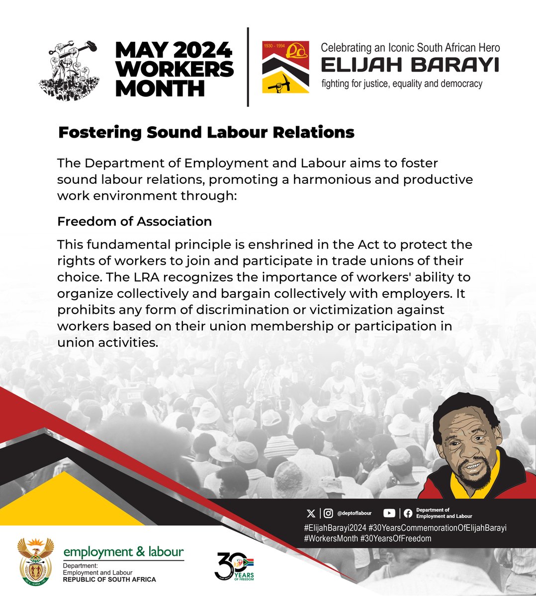 [Infographic] Fostering Sound Labour Relations #ElijahBarayi2024 #30YearsCommemorationOfElijahBarayi
#WorkersMonth #30YearsOfFreedom