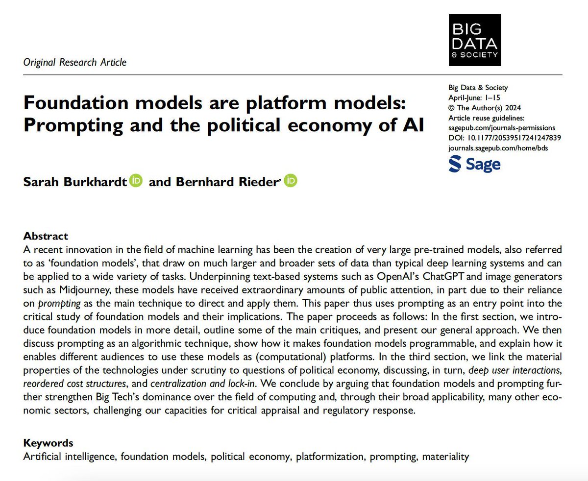 🔆The new week brings a new paper: ‘Foundation models are platform models: Prompting and the political economy of AI’ by Sarah Burkhardt and Bernhard Rieder (@RiederB) #AI #platformization #prompting #materiality 🔗 Link to paper: buff.ly/3Ud0fsP