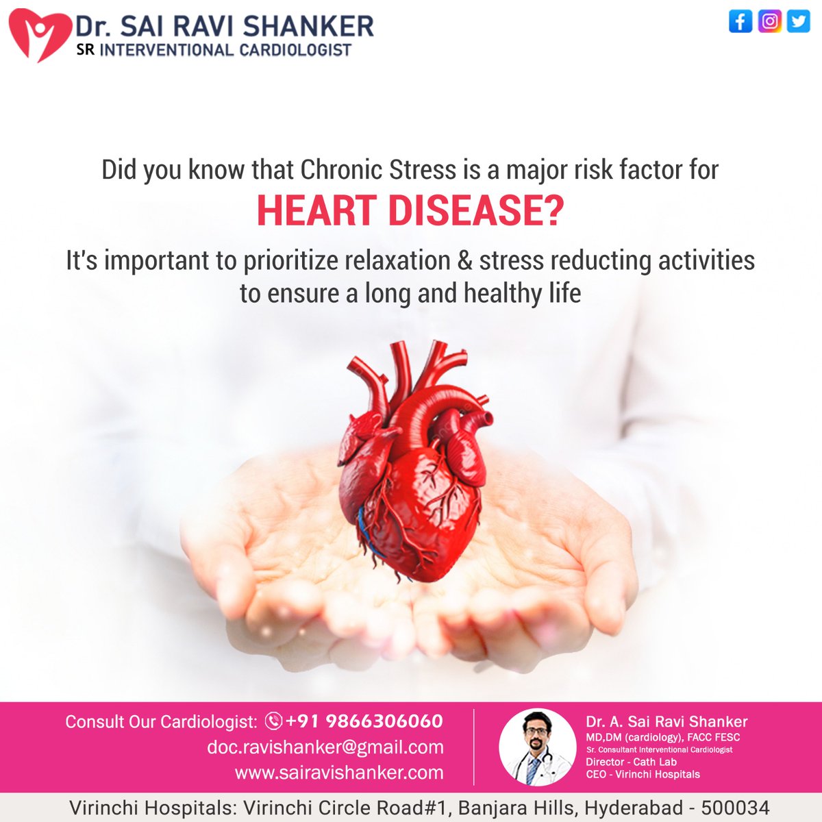 #Chronicstress increases heart disease risk. Prioritize #relaxation for a healthy life. #Stress reduction activities are vital. Spread awareness.

#Drsairavishankar #cardiologist #consultantcardiologist #cardiologydoctor #InterventionalCardiologst #virinchihospital #banjarahils