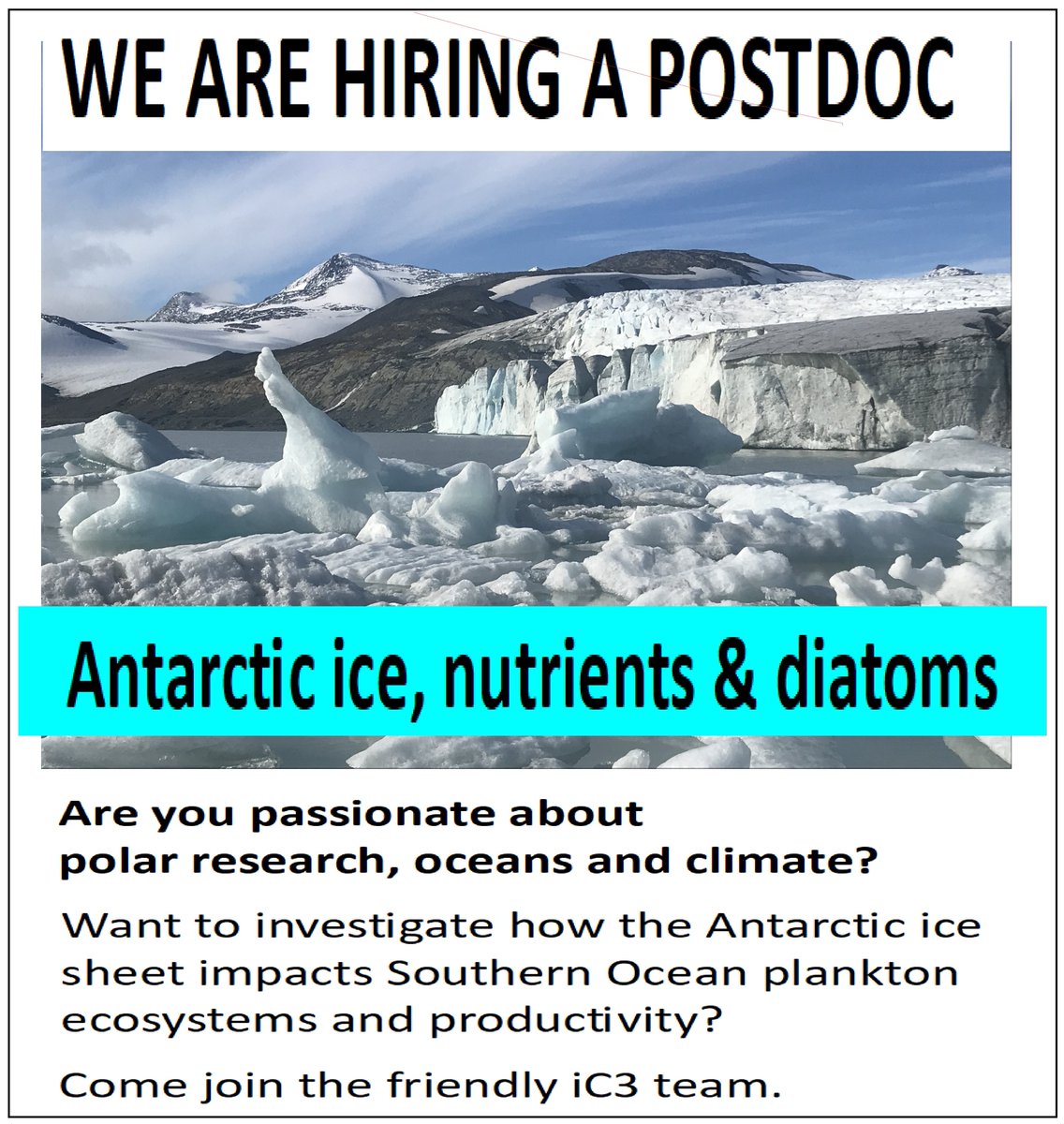 PLEASE SHARE WIDELY

#Postdoc position: Investigate how the Antarctic ice sheet impacts Southern Ocean plankton ecosystems & productivity

Please repost and help someone to find their dream job with our polar research centre here in the Arctic.

ic3.uit.no/job/postdoc-an… #phdchat