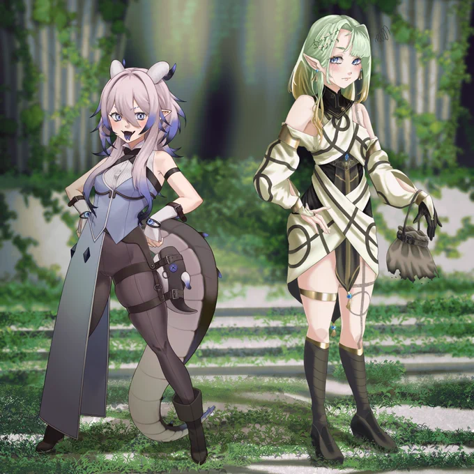 前回ポケモン合作させていただきましたトモキさん(  )と今回はOCちゃんを作りました～～異世界ファンタジーをテーマに私は左のドラゴン娘を描かせていただきました。背景とエルフの子はトモキさんが描いてくださいました～今回もお誘いありがとうございました! 