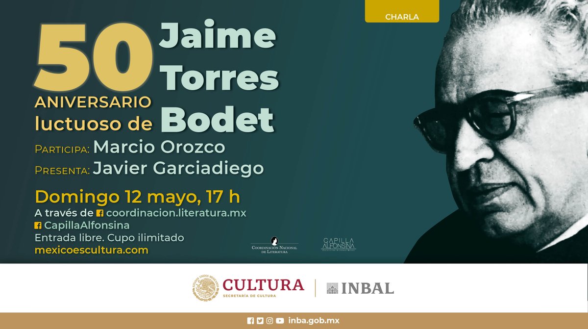 ¡No te pierdas esta oportunidad única de conmemorar el legado de Jaime Torres Bodet! Acompáñanos a la charla por su 50 aniversario luctuoso. 🔴Conéctate al Facebook Live 👉 Coordinación Nacional de Literatura y @AlfonsinaINBA. 🗓️ Domingo 12 | 17 h