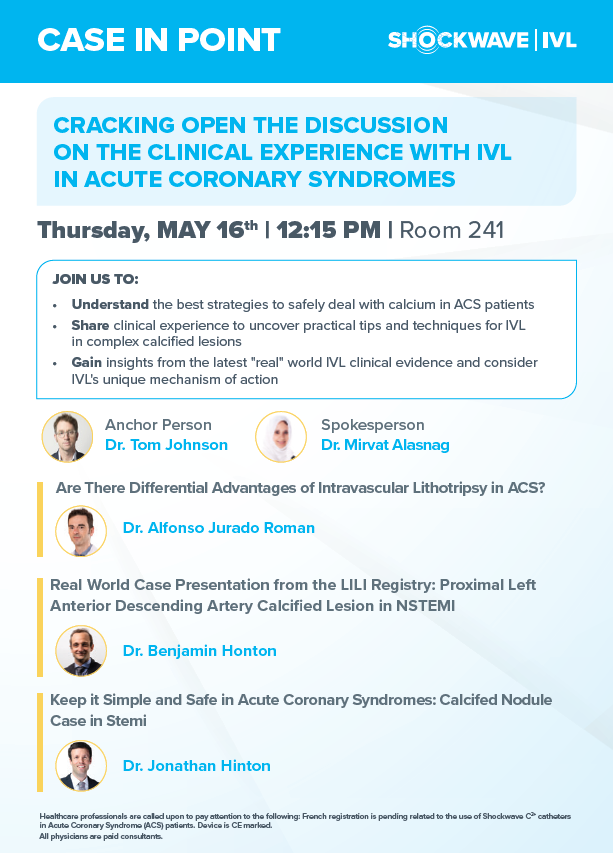 Save the date for the #ShockwaveIVL Case in Point session at #EuroPCR 2024! On Thursday, May 16th Drs. @twj1974 @HontonB @mirvatalasnag @AJuradoRoman & @JonathanWHinton will share their clinical experience with #ShockwaveIVL in ACS & present real-world cases. Learn more at…