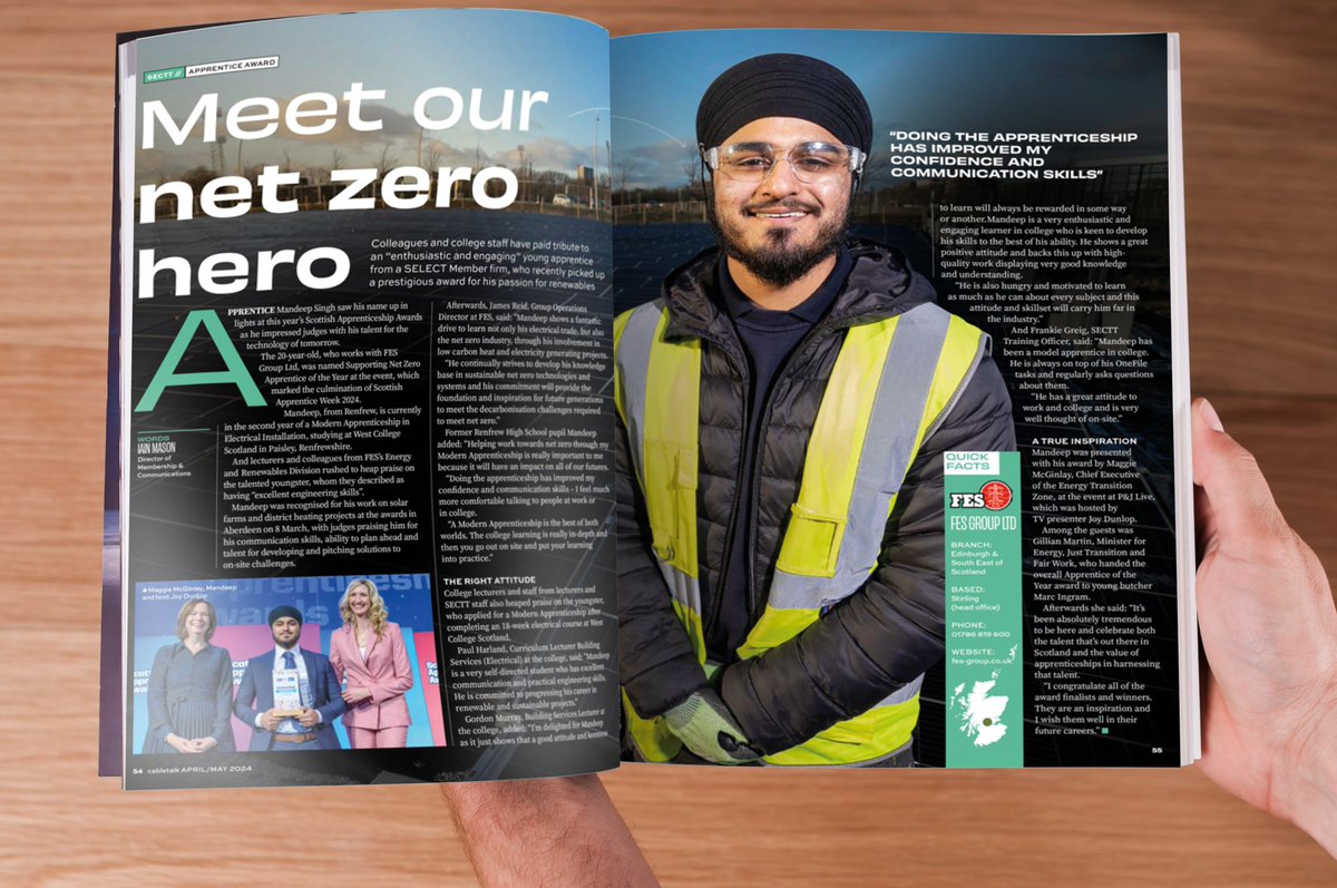 Colleagues and college staff have paid tribute to an “enthusiastic and engaging” young apprentice from SELECT Member firm FES, who recently picked up a prestigious award for his passion for renewables. Read more in this edition of cabletalk👉 cabletalkmagazine.com #renewables