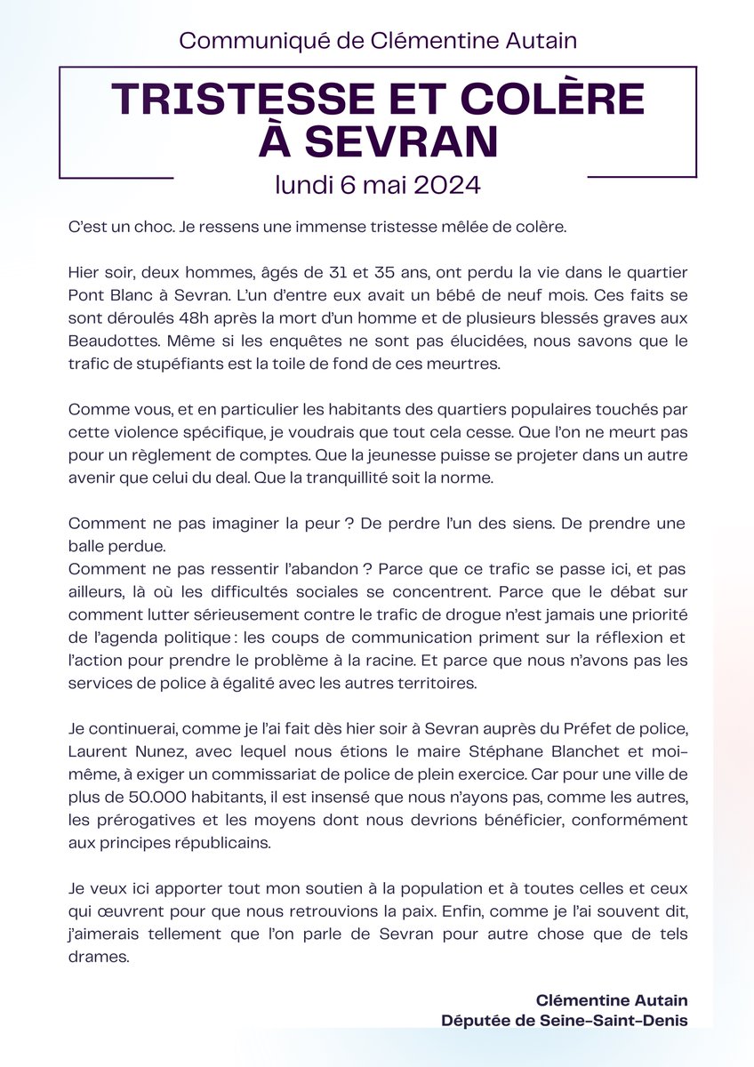 Hier soir, deux hommes, âgés de 31 et 35 ans, ont perdu la vie dans le  quartier Pont Blanc à Sevran. C'est un choc. Mon communiqué, image size:848x1200
