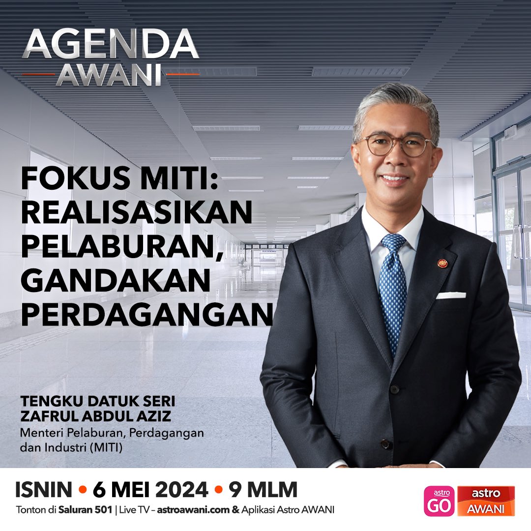 Jemput bersama saya dalam Agenda Awani hari ini, 9 malam menerusi saluran Astro Awani 501 di mana saya akan membincangkan tentang Fokus MITI: Realisasikan Pelaburan, Gandakan Perdagangan. #AgendaAwani #Awani #Astro #MITI #TZA