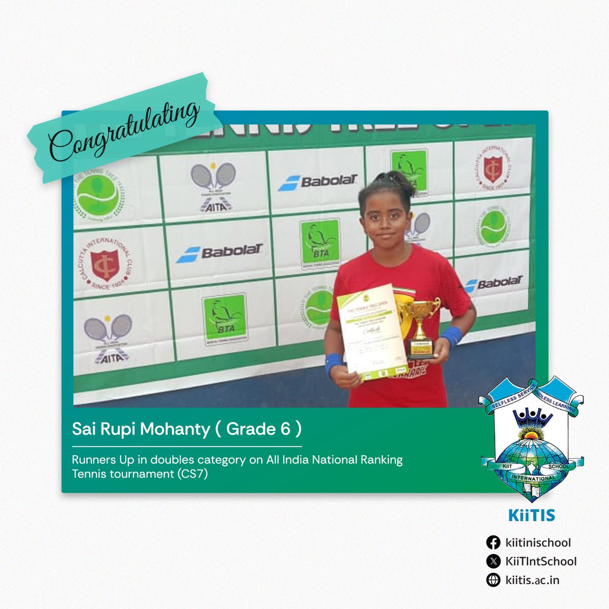 Securing the Runners-up trophy in the doubles category at the prestigious All India National Ranking Tennis tournament (CS7) in Kolkata, West Bengal, from April 26th to May 3rd, 2024, Sai Rupi not only exemplifies skill but also unwavering dedication.

#runnersup #KiiTISGlory