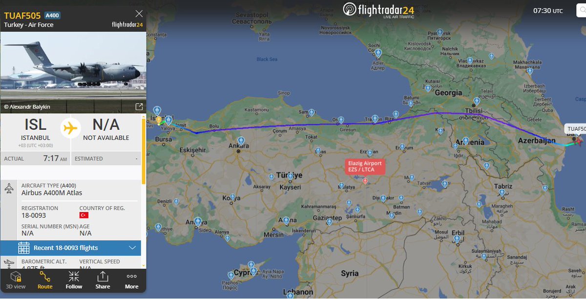 Turkish Air Force military transport aircraft flight from Istanbul to Baku. #Armenia #Turkey #Azerbaijan