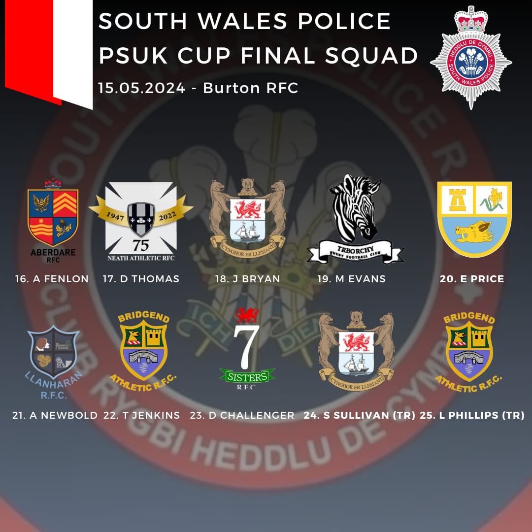 Here is your @SWPRFC squad to try and defend the British Police Cup for a third year. @BBCSportWales @WalesRugby @RFCLlangennech @LlantwitRFC @bridgendravens @stpetersrfc @Aberdare_RFC @PontypoolUnite @DowlaisRfc @BeddauRFC @LLANHARANRUGBY @NewportRFC