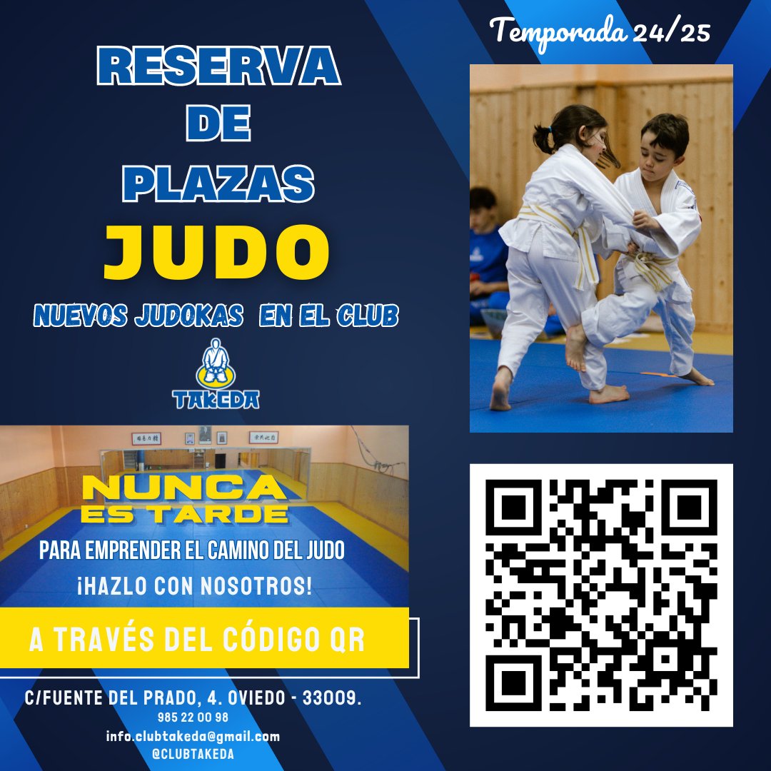 🆕 NUEVOS JUDOKAS EN EL CLUB

✍🏻 Se abre la inscripción a partir de hoy.

Reserva de plazas a través del código QR o el siguiente formulario:
forms.gle/WLTpRKeDjgxMtT…

📩 info.clubtakeda@gmail.com