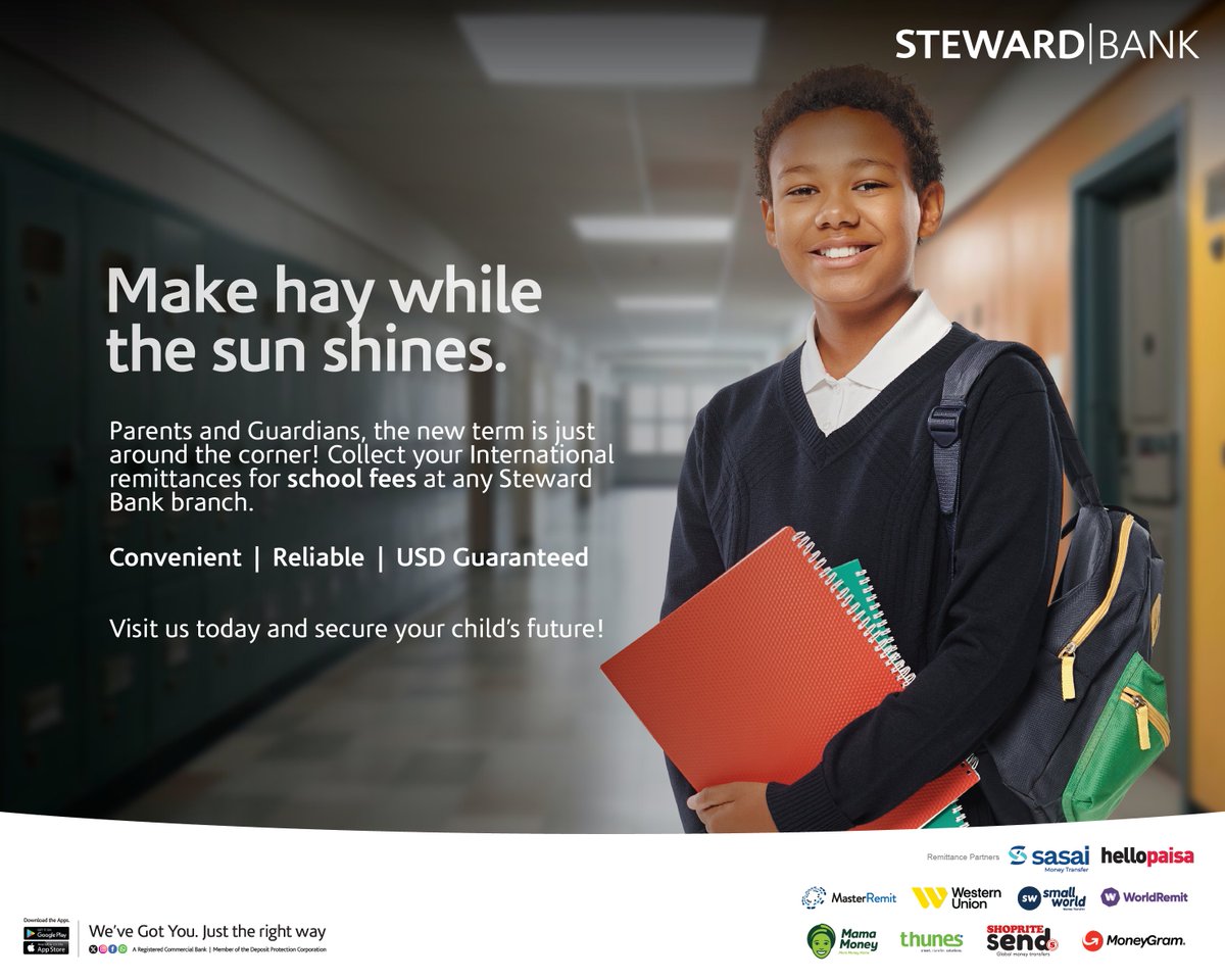 Collect your international remittances for school fees at any Steward Bank branch.  

USD cash guaranteed! 
#WeveGotYou