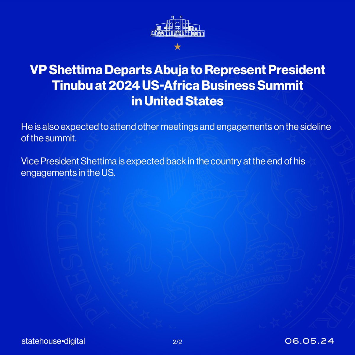 VP Shettima Departs Abuja to Represent President Tinubu at 2024 US-Africa Business Summit in United States