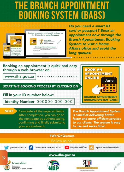 Do you need a smart ID card or passport? Book an appointment now through the Branch Appointment Booking System to visit a Home Affairs office and avoid long queues! services.dha.gov.za/#/authenticate…