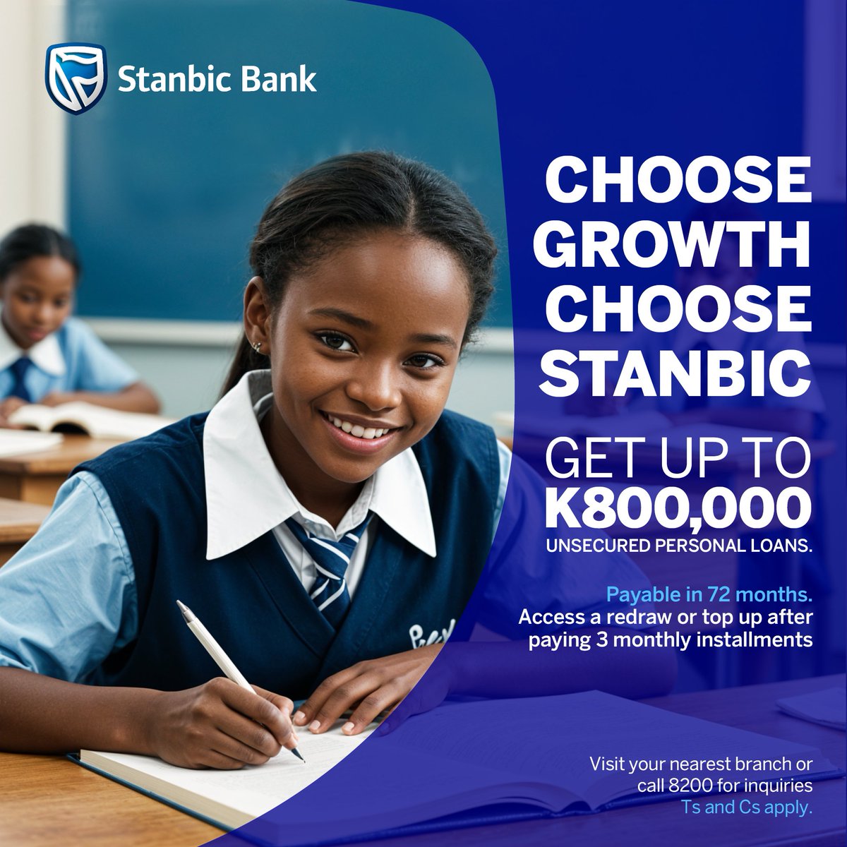 Parents, get ready for back-to-school stress-free! Apply for Stanbic's Unsecured Loan of up to K800,000 without any security or collateral. Pay it back over 72 months at your own pace. Call 8200 or visit your nearest branch to make it happen! #StanbicUnsecuredLoan