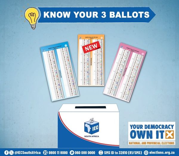 These are the 𝗧𝗛𝗥𝗘𝗘 ballot papers you are going to get on the day. 🗳️National ballot 🗳️Regional ballot 🗳️Provincial ballot #KnowYour3Ballots #SAelections24