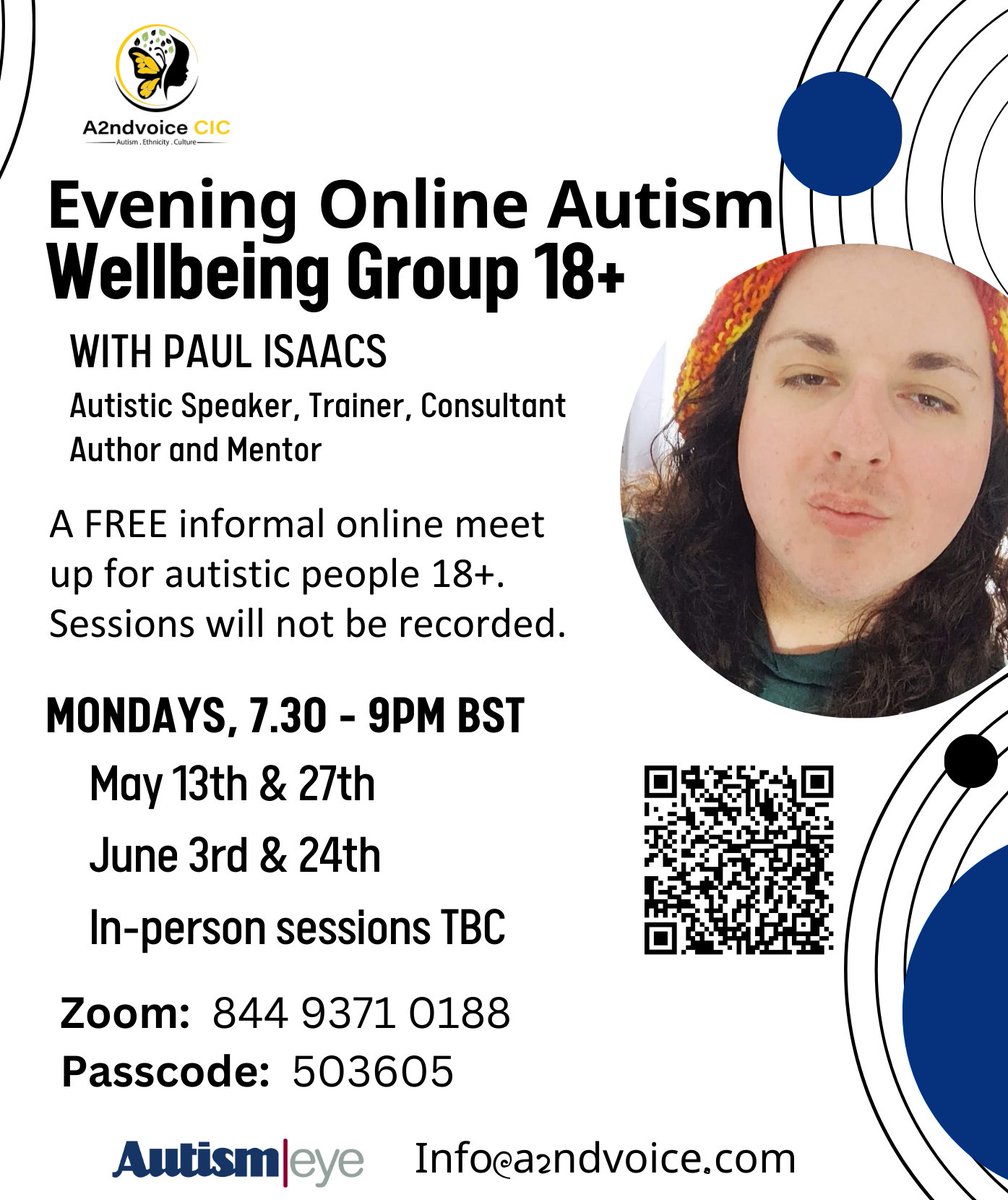 Online Autism Wellbeing Group 18+ with Paul Isaacs 13th May, 7.30 - 9pm Informal meet up... us06web.zoom.us/meeting/regist… SESSIONS WILL NOT BE RECORDED #actuallyautistic #autism