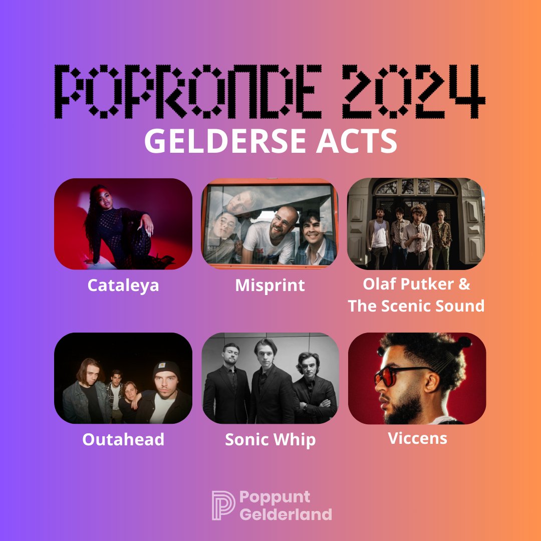 Dit weekend werd de selectie van Popronde 2024 bekend gemaakt. Deze 6 Gelderse acts touren dit najaar door het land. Ga ze live checken bij een Popronde bij jou in de buurt! 🔥🎉

Meer info op poppuntgelderland.nl/nieuws/6-gelde…