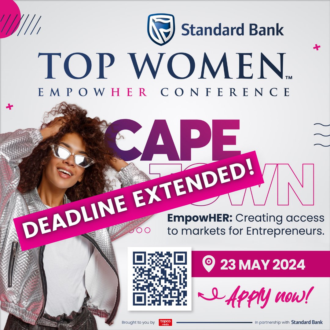 We heard you and so we've extended the applications for EmpowHER Cape Town so you still have time to submit!

🎉 Enter your business into the pitching den by midnight, 7 May 2024: hubs.la/Q02w7pBR0

Tell your friends!

#SBTWEmpowHER #SBTopWomen #StandardBank #TopcoMedia