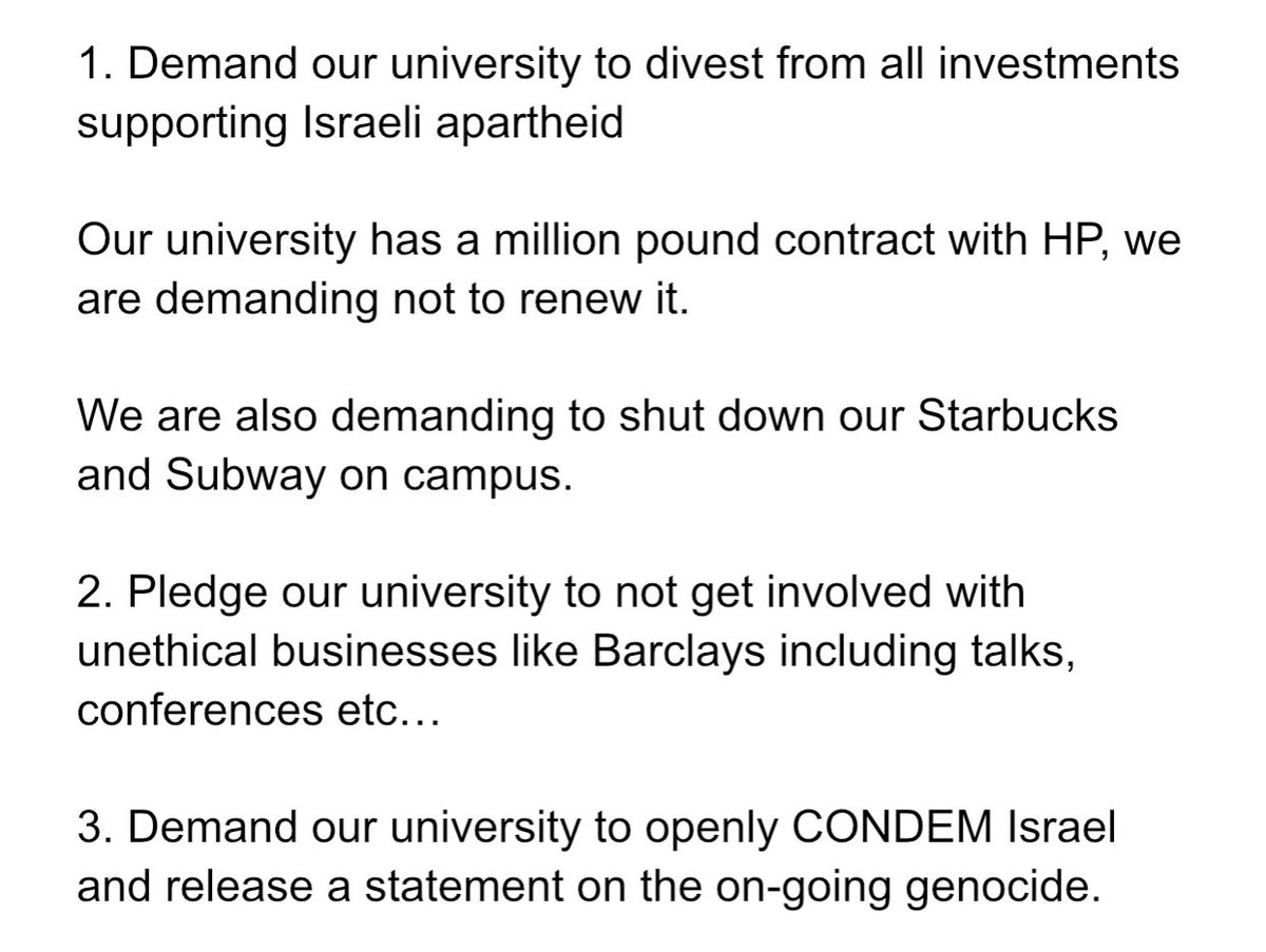 BREAKING: Student campaigners at @aberdeenuni will begin an encampment in support of Palestine later today, sources tell @thegaudie. Their demands (below) are to 'Divest, Condemn, Pledge and Protect.' More to come.