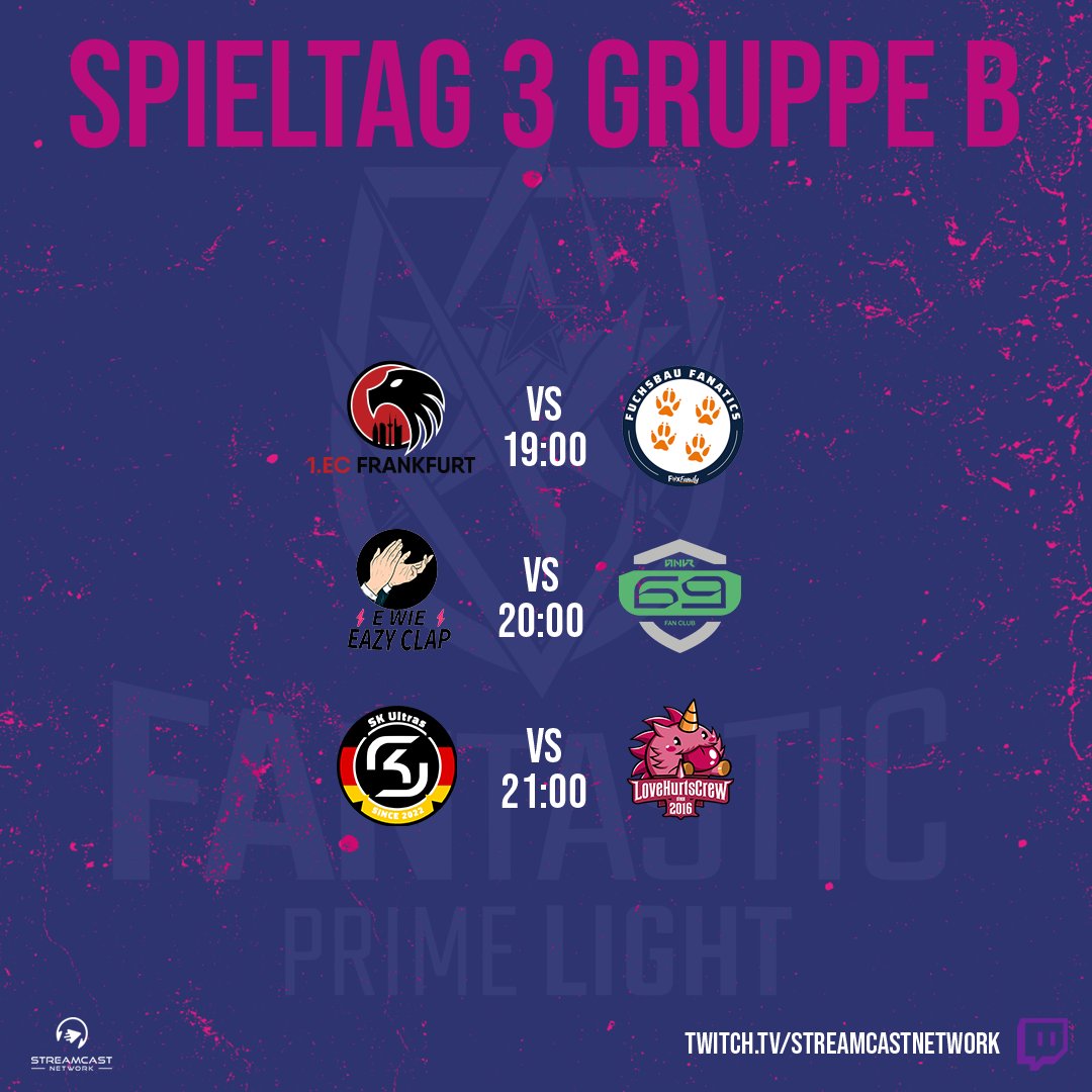 Heute Steht nun auch der 3. Spieltag in der Gruppe B an. 
Gecastet wird von <a href="/Xempas/">Xempas</a> und <a href="/Dam0n_12/">Justin Wehr</a> und heute auch wieder mit dem englischen cast von @CoachF1shm4n  also einschalten nicht vergessen.

 🇩🇪 twitch.tv/streamcastnetw… 
🏴󠁧󠁢󠁥󠁮󠁧󠁿twitch.tv/fantasticprime…