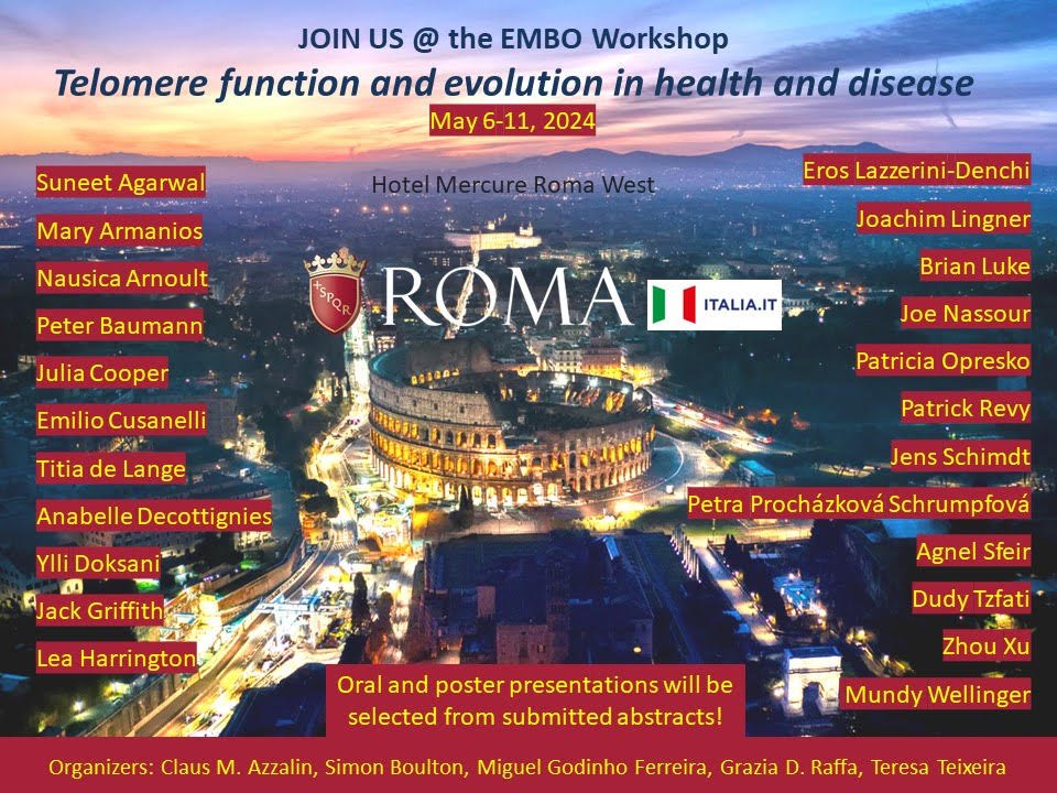 We are happy to announce that we will be present at the EMBO workshop "Telomere function in health and disease" 2024, 6-11th May, Rome. <a href="/EMBO/">EMBO</a>
Thanks to the organizers for giving us the opportunity to do a mini-talk introducing the GiiN to the attenders!