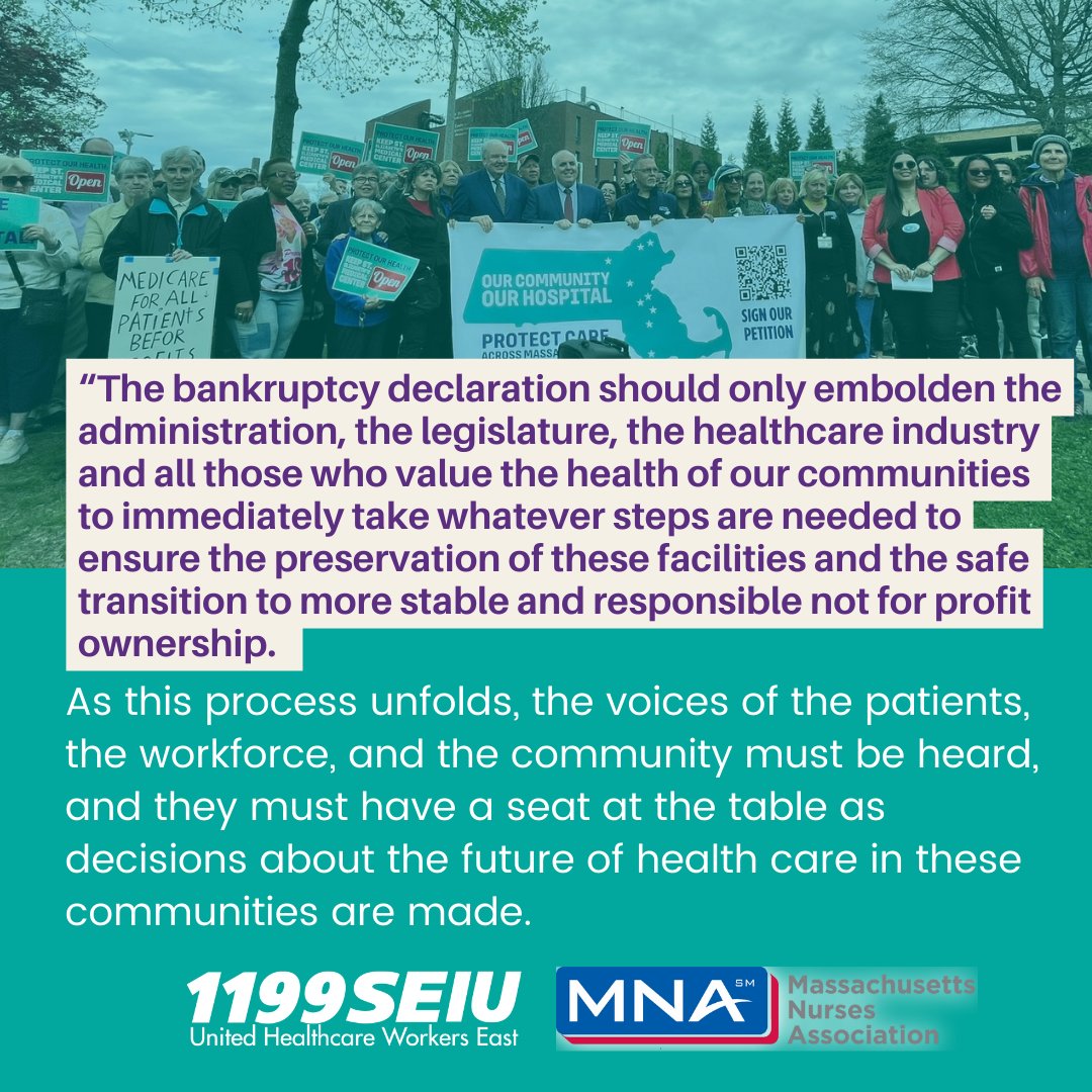 .@Steward’s declaration of Ch. 11 bankruptcy & its impact is of concern to @MassNurses and @1199SEIU. @MassGovernor, the legislature, the healthcare industry, & all stakeholders should immediately take whatever steps are needed. Full statement: bit.ly/stewardbankrup…