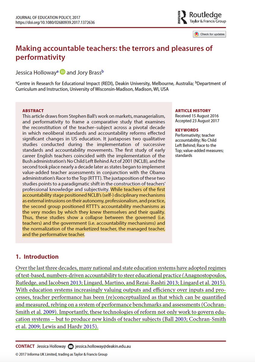 Muy interesante/preocupante lo q cuentan aquí Jessica Holloway y Jory Brass sobre el profundo cambio que se ha producido en la subjetividad de los docentes en USA tras una década de pruebas externas, estandarización, cuantificación y rendición de cuentas👇researchgate.net/publication/31…
