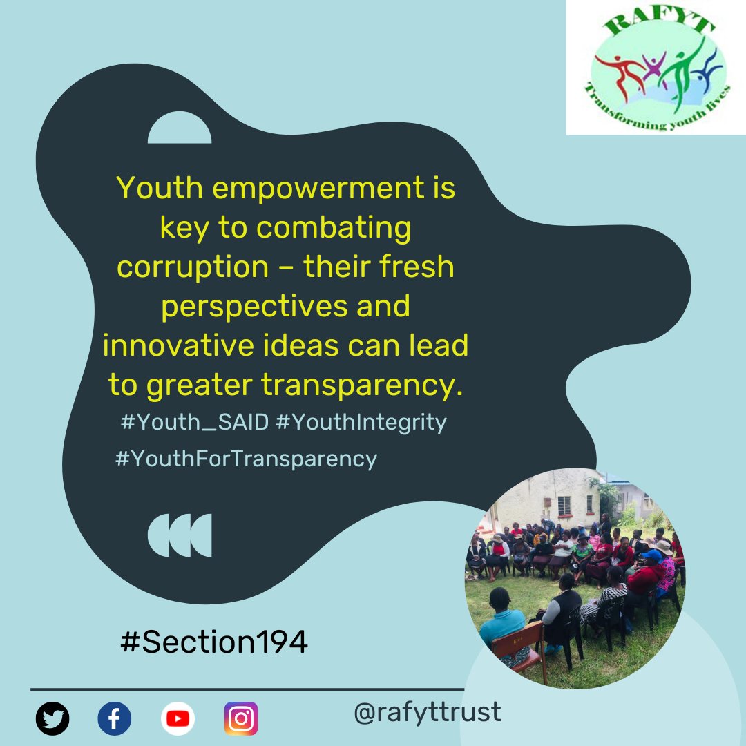 Youth empowerment is key to combating corruption – their fresh perspectives and innovative ideas can lead to greater transparency. #Youth_SAID #YouthAgainstCorruption #YouthIntegrity #YouthForTransparency #Section194 <a href="/YetTrust/">#Youth4SDGs</a> <a href="/ZIMCODD1/">ZIMCODD</a> <a href="/ZACConline/">Nicole Tomorrow</a> <a href="/MakomboreroH/">Makomborero Haruzivishe</a>