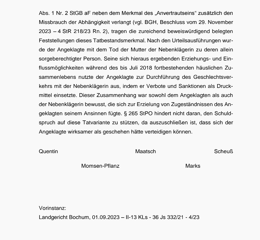 BGH, Beschluss vom 10.4.2024 - 4 StR 9/24: Auswirkungen des Tods der Mutter auf den Missbrauch von Kindern. juris.bundesgerichtshof.de/cgi-bin/rechts…