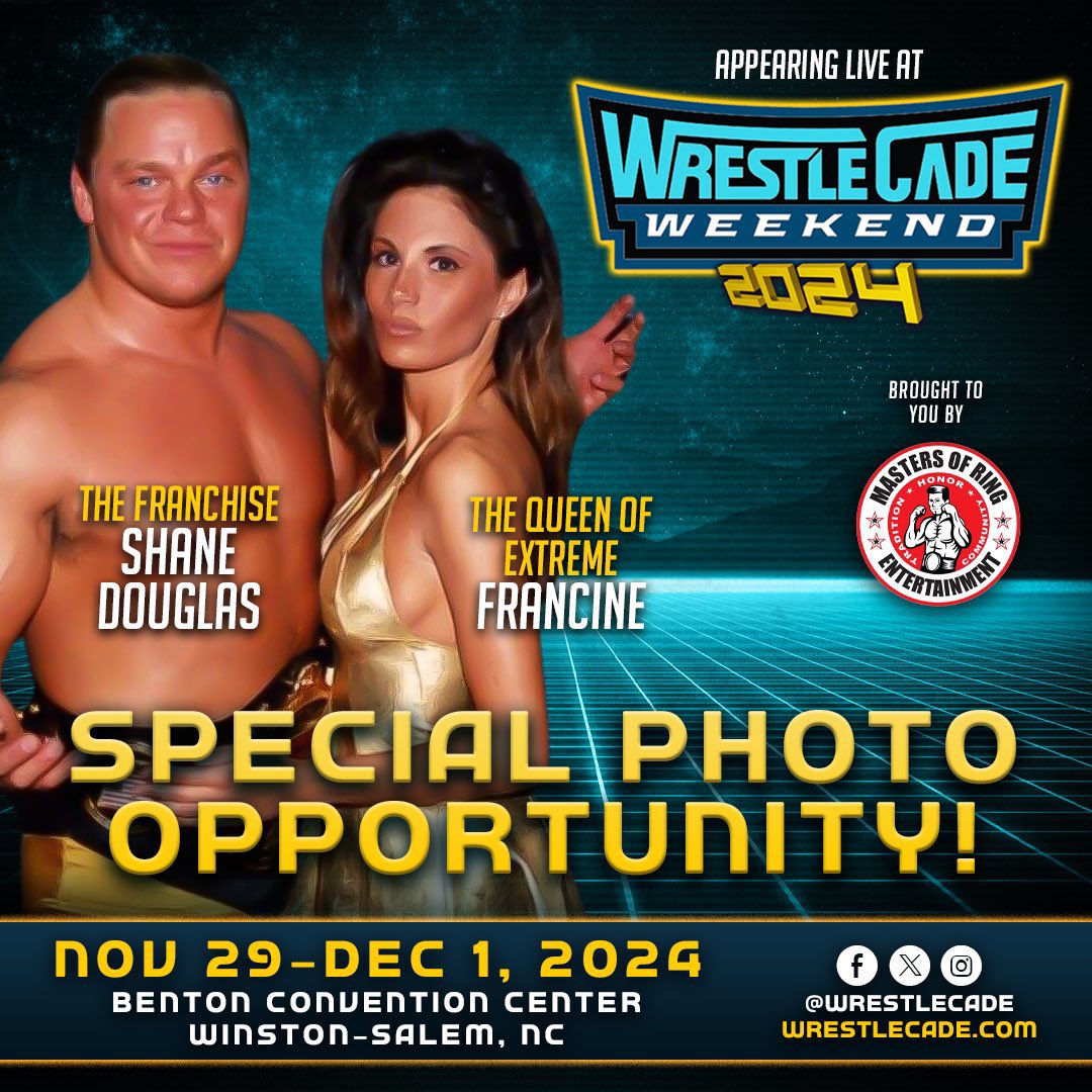 🚨 #WrestleCade Weekend returns with a Special Photo Opportunity: Shane Douglas and Francine! Brought to you by our friends at @MastersofRing1 Benton Convention Center Winston-Salem, NC Nov 29-30 & Dec 1 🎟 at wrestlecade.com/tickets