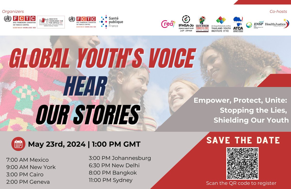 🫵🏽😄 You are invited to the Global Youth's Voice (GYV) Roundtable Dialogue 😄🫵🏽 Hosted by the @FCTCofficial Knowledge Hubs for Article 5.3 and the WHO FCTC Knowledge Hub for Public Awareness, this “for youth, by youth” event seeks to empower young advocates worldwide,..