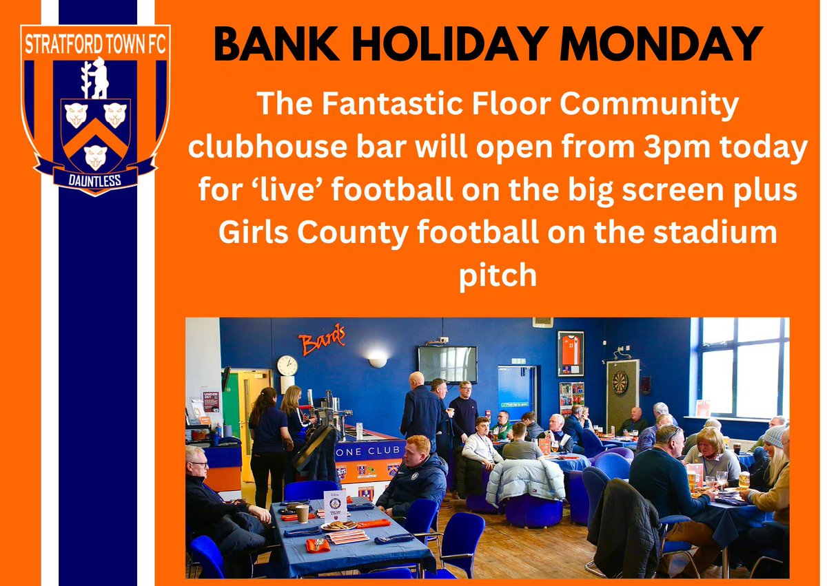 Bank Holiday Monday at the @ArdenGarages Stadium. The Fantastic Floor Community Clubhouse bar open from 3pm. #BankHoliday