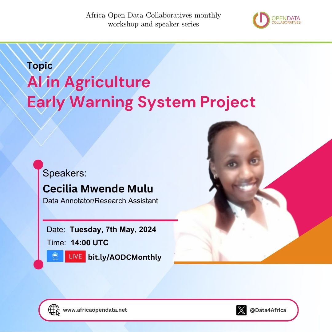 Join us tomorrow for a discussion on #AI in #agriculture, hosted by @Data4Africa. Our very own, Data Annotator @ccymulu will be sharing our work on climate-smart agriculture.🧵 📅: May 7th, 2024 🕒: 14:00 UTC, 5:00 pm EAT 🖊️Register: bit.ly/44BRsoX